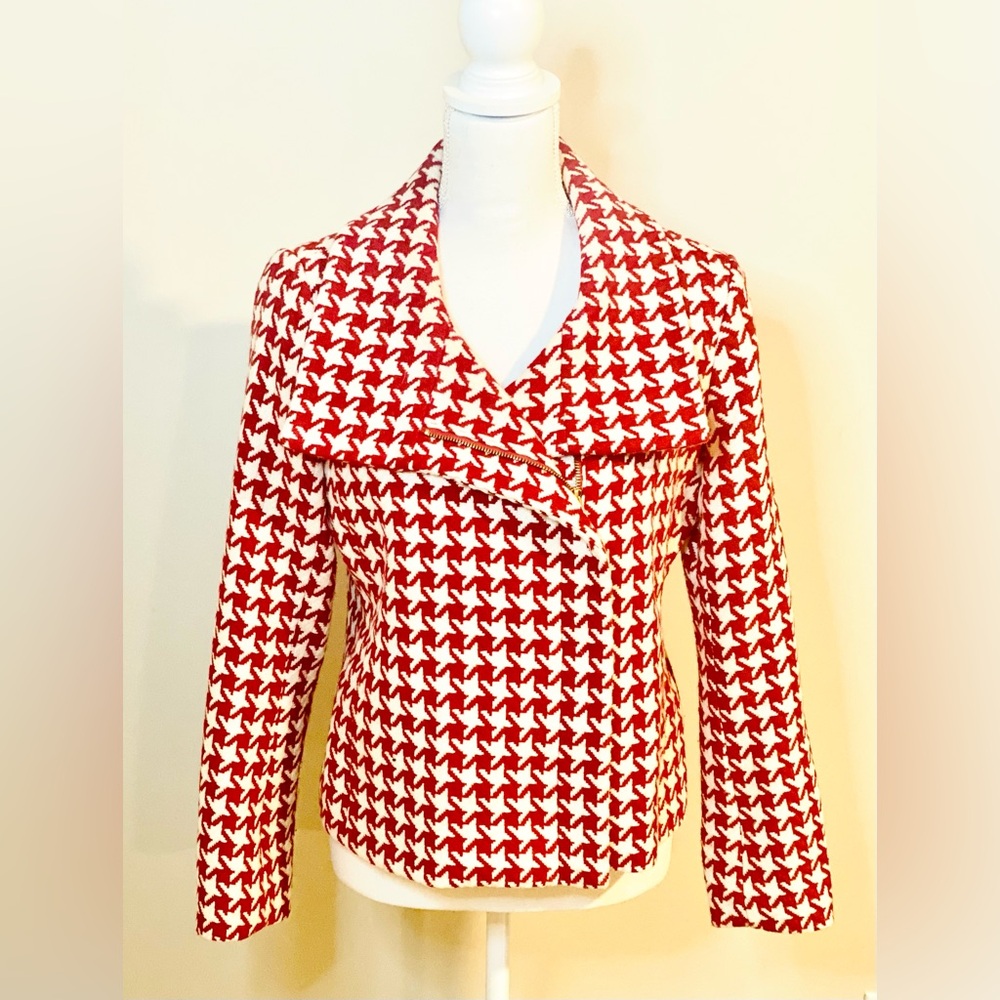 Talbots Red Holiday Houndstooth Asymmetrical Zip Blazer Jacket 10P